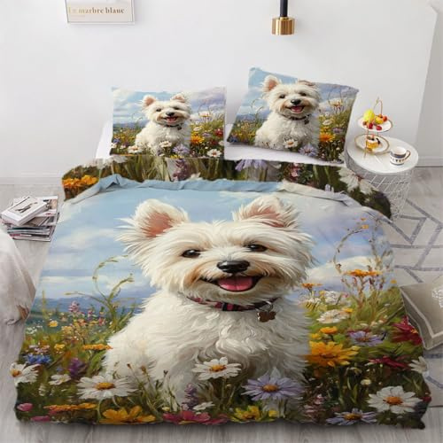 West Highland Terrier Hund Bettwäsche 135x200 Kinder Bettwäsche Tier Westie Hund Weiche Mikrofaser Bettbezug mit Reißverschluss Jungen Mädchen Bettwäsche-Set 3D Motiv Bettbezüge mit 2 Kissen Gux-14189