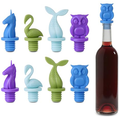 8 pcs Wine Stoppers, CNYMANY Reusable Silicone Animal Beverage Bottle Sealer Replacement with Grip Top for Cork to Keep The Wine Fresh - Light Blue, Dark Blue, Purple, Green