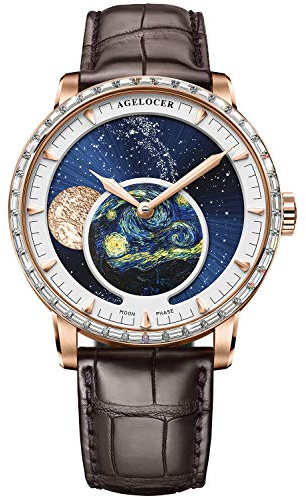 agelocer Herren-Armbanduhr, mechanisch, automatisch, Mondphase, 40 mm, Kristall-Diamant-Lünette, 80H Gangreserve, Saphirglas, Lederband, luxuriöses Geschenk für Herren (LQ_6401F2)