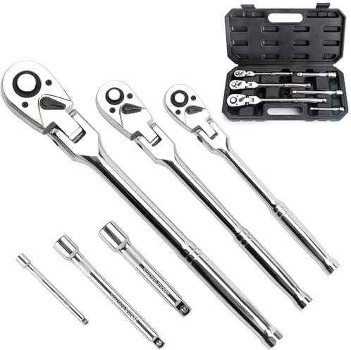BINGCOBBER Flex Head Ratchet Wrench Set 6PCS, 1/4, 3/8, 1/2 Drive with 3-Piece Extension Bars,72-Tooth Ratchet,Quick Release Reversible Design,180°Swing