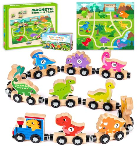Toddler Dinosaur Toys for 1 2 3 Year Old Boys, Dinosaur Train Toys for Boys | Montessori Toys for 1-3 Year Old, Wooden Magnetic Dinosaur Train Set for Boys age 2 3 4, First Birthday Gifts for Boys Girls