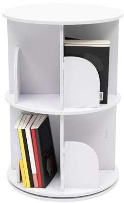 KigerNee Bücherregal Kinder 360° Drehbar, 2-Ebenen Drehregal aus Massivholz, Standregal & Schreibtischregal für Kinderzimmer, Wohnzimmer, Büro, 64x40x36 cm Weiß
