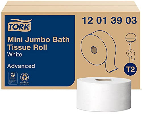Tork Advanced 12013903 Mini Jumbo Bath Tissue Roll, 1-Ply, 7.36 Diameter, 3.55 Width x 1,200' Length, White (Case of 12 Rolls, 1,200' per Roll, 14,400 Feet)