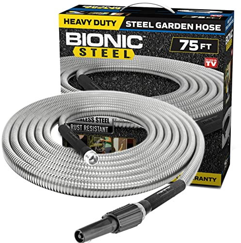BIONIC STEEL Manguera de jardín de 75 pies, manguera de agua de metal de acero inoxidable 304 de 75 pies, manguera flexible, sin torceduras, ultraligera y duradera, resistente al aplastamiento