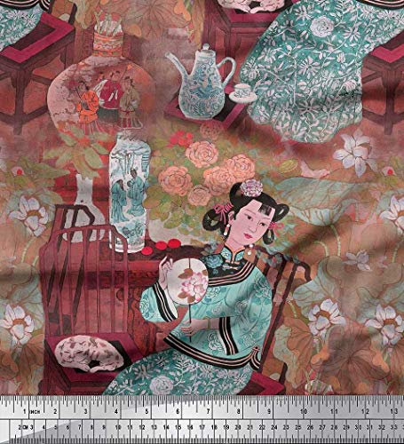 Soimoi Blau Seide Stoff Blumenvase, Spiegel & Mudchen Frau Stoff Meterware 42 Zoll breit