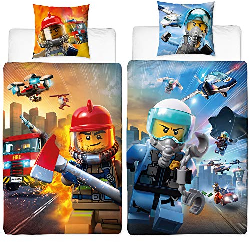 Lego City Wende-Bettwäsche Polizei & Feuerwehr 135 x 200 cm + 80 x 80 cm 100% Baumwolle Linon Ambulanz Notdienst 110 Flugzeug Undercover Kinderbettwäsche deutsche Größe Renforce Reißverschluss