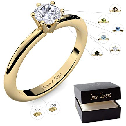 Verlobungsring Gold 585 750 PERSONALISIERT + Etui mit individueller GRAVUR Damen-Ring Heiratsantrag Solitär-Ring Zirkonia Aquamarin Turmalin Blautopas Peridot Rauchquarz