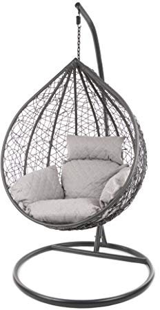 KIDEO Komplettset: großer Hängesessel mit Gestell & Kissen,Korbsessel, Poly-Rattan (Korb & Gestell: grau, Kissen: grau gesteppt Nest (8010_Diamond_Cloud))