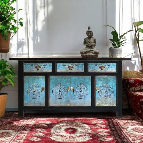 OPIUM OUTLET Orientalische Kommode, Asia Sideboard, Schrank schwarz-türkis, chinesischer Hochzeitsschrank Landhaus-Stil, asiatisch Vintage Holz