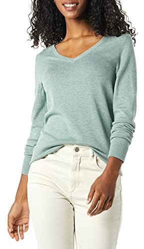Amazon Essentials Maglione Leggero a Maniche Lunghe con Scollo a V, vestibilità Classica (Disponibile in Taglie Forti) Donna, Verde Salvia Puntinato, L