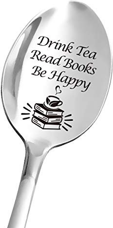 Funny Tea Spoon Engraved Stainless Steel for Tea Lovers Women Men - Cute Drink Tea Read Books Be Happy Spoon - Best for Daughter Son Friends Coworkers - Perfect for Valentine/Christmas