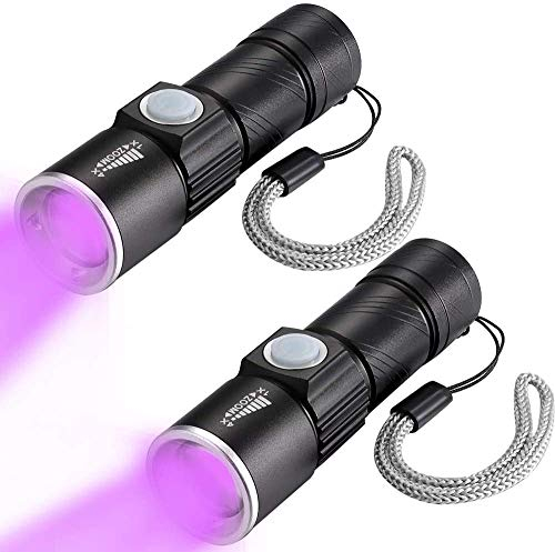 UV Schwarzlicht Taschenlampe 395nm, 2er Pack USB Wiederaufladbare Ultraviolett Taschenlampen Klein Zoombar Hund Katze Haustier Urinfinder Fleckdetektor Licht (Eingebauter Akku)