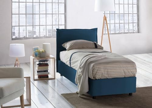 Talamo Italia - Einzelbett Carla, Bettkasten mit Stoffbezug, 100 % Made in Italy, Öffnung vorne, geeignet für Matratzen 90 x 200 cm, Blau