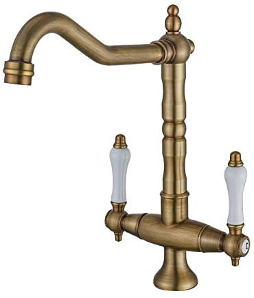 BOAOTX Wasserhahn Küche Antik, Küchenarmatur 360° Drehbar, Spültischarmatur Zweigriffmischer Nostalgie, Mischbatterie Hochdruck Küchenspüle Armatur Hoher Auslauf aus Messing