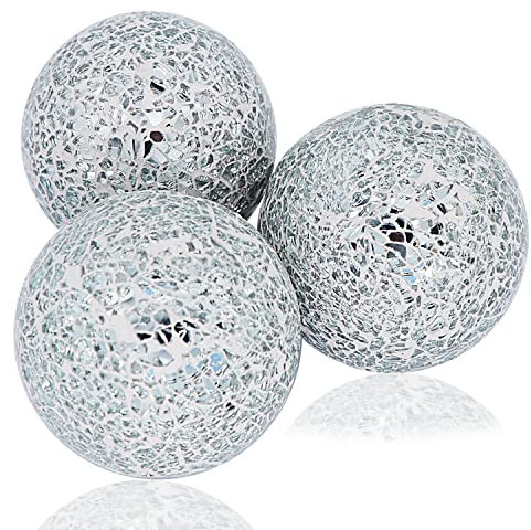 Kesywale 4 Inch Mosaic Sphere Balls Set of 3 Decorative Glass Balls Decorative Orbs Table Centerpiece Balls for Bowls Filler Vases Dining Coffee Table Decor (White)