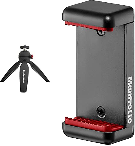 Manfrotto MTPIXIMII-B, PIXI Mini Tripod with Handgrip, Black & MCLAMP, Universal Smartphone Clamp with Thread Connections, for iPhone with or without case, Foldable, Compact Size, Vlogging, Black