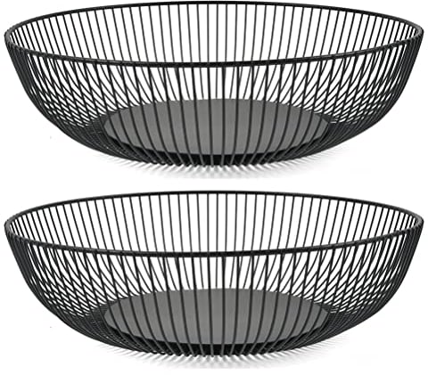2PCS Black Wire Fruit Basket, Black Fruit Bowls, Basket Metal Wire for Fruit Countertop Bowl Fruit 28x7.5cm Countertop Metal Fruit Bowl, Modern Wire Large Fruit Round Basket for Fruits Vegetable Snack