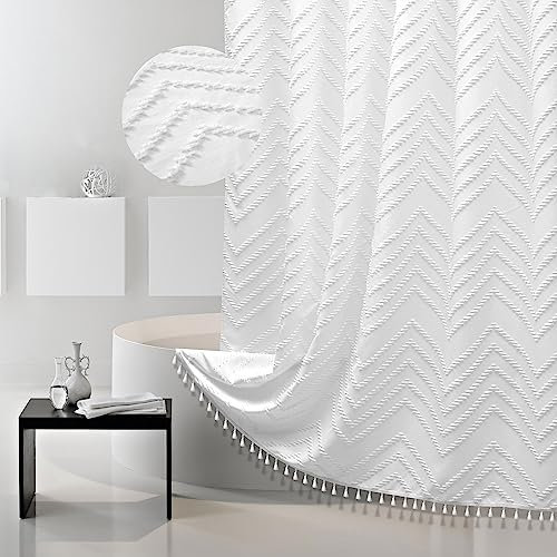 Siiluminisoy Rideau de Douche en Tissu tissé à Pampilles de Style Rustique Moderne texturé touffeté Chevron rayé Minimaliste pour Salle de Bain hôtel 183 x 183 cm, Blanc