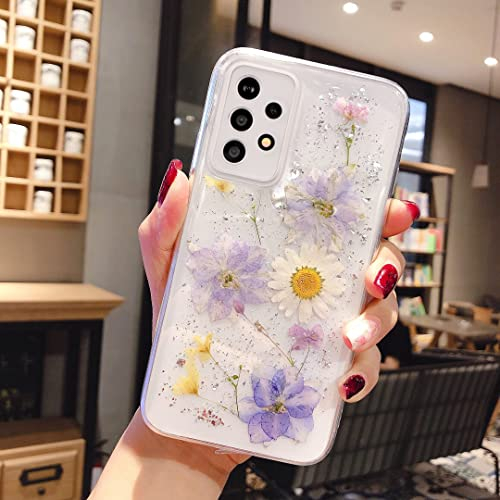 EYZUTAK Getrocknete Blumen Hülle für Samsung Galaxy A53 5G, Weiche Schlanke TPU Klar Funkeln Sterne Glitzer Silikon Gel Stoßfeste Blume Schutztasche-Hellblaue