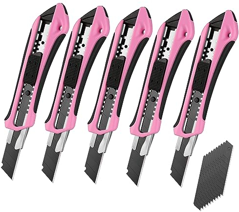 WORKPRO Lot de 5 Cutters Professionnels, Couteau Utilitaire Rétractable 18mm, Chariot en Acier Inox, Couteau de Graphique, 20 Lames Sécable en SK5 de Rechanges Compris, Rose Noir
