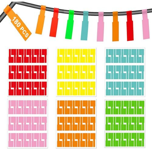 Cable Labels Self-Adhesive Stickers, 180PCS Waterproof Wire Labels, Support Handwriting Tags Stickers, Tear Cable Tags for Wire, Cable, Marking, Home, School, Office (6 Sheets, 6 Colors)