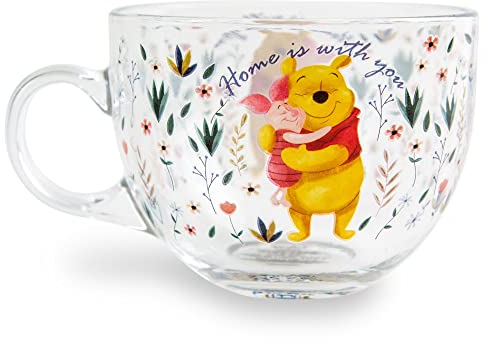 Disney Winnie the Pooh and Piglet Floral Glass Mug | Holds 16 Ounces