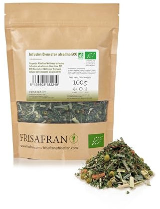 FRISAFRAN | Infusión Ecológica Alcalino Bio a Granel 100g | Té alcalina | Infusión Deliciosa y Saludable | Antioxidantes | Digestiva | Mineralizada | Salud y Bienestar | té hierbas alcalinas