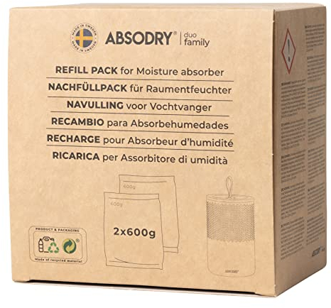 AbsoDry - Recambio Deshumidificador 2x600g - Compatible universalmente - Pastillas Antihumedad Recambio - Evita el Olor y Absorbe Humedad - Absorbente de Humedad en granulado