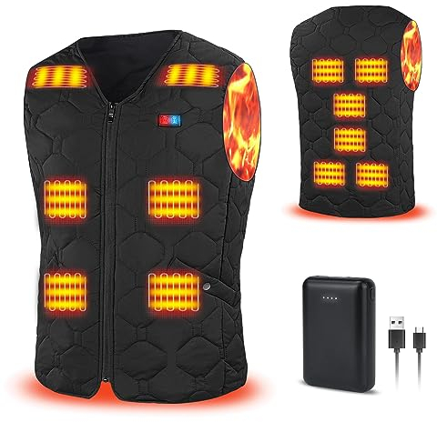 Rrtizan Beheizte Weste für Damen und Herren mit Powerbank, ärmellose USB elektrisch beheizte Jacke mit 3 Temperaturstufen und 12 Heizzonen, waschbarer beheizter Körperwärmer für draußen,0086-L