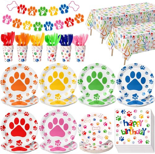 Gejoy 171 Pcs Dog Birthday Party Decorations Supplies Dog Paw Plates Banner Tablecloths Napkins Cups Knives Forks Spoons Doggy Puppy Party Decoration Serve 24 Guests(Stylish Color)