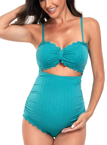 EastElegant Traje de baño de maternidad de una pieza con abertura en la espalda, bikini festoneado para embarazadas, Verde Pino, Large
