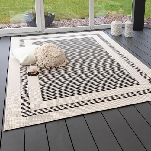 Steffensmeier In- und Outdoor Teppich Bergen Küche Balkon Garten Flur, wasserfest, Kunststoff, Bordüre Schwarz, Größe: 160x230 cm