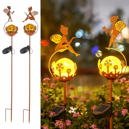 JOYCREATOR Lot de 2 lampes solaires d'extérieur en métal - Étanche IP65 - Lampes de jardin LED pour l'extérieur - Décoration de jardin - Elfe - Fée - Balcon - Terrasse - Pot de fleurs, GMM0262