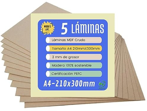 Wood's Art - 5 Tableros de Madera MDF - Tamaño A4 (210x300x3mm) - Ideal para Corte por Láser, Manualidades, Pirograbado, Bricolaje, Pintura, Calado, Modelado