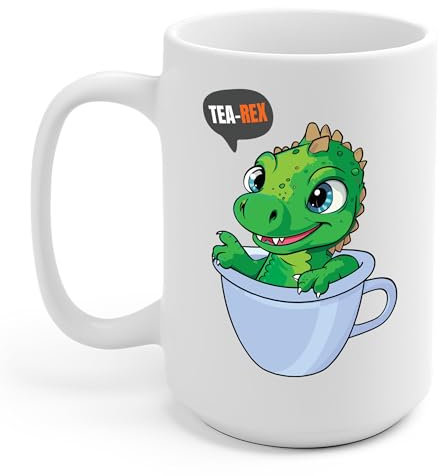 Tea-Rex In A Cup Cute T-Rex Dinosaur Kawaii Coffee Tea Funny Dino Pun Coffee Mug For Men Women (White, 15 oz)