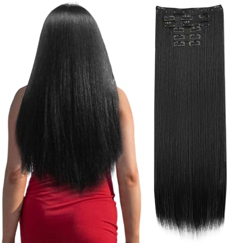 EUPSIIU Clip in Extensions Echthaar Tief Schwarz Pechschwarz Seidig Gerade Nahtlos Haut Schuss Tape in Haarverlängerungen Unsichtbar Gerade Glatt Nahtlos Genäht Clip in Haarverlängerung (Schwarz)