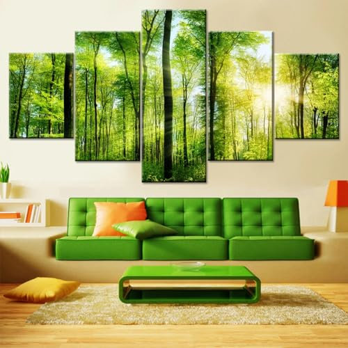 WAGYU Mit Rahmen Leinwandbild 5 TLG Kunstdruck,Bilder auf Leinwand 5 TLG Vlies Wandbild Sonnenscheingrüne Waldlandschaft,Leinwand Gemälde xxl,Tapete,Puzzle,leinwanddrucke,5 Stücke Bilder,125x60cm