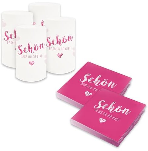 itenga Tischdeko Set - Servietten Schön dass du da bist 30 x 30cm 3-lagig 40 Stück und 6 Windlichter für Kommunion Konfirmation Hochzeit Taufe und andere Feiern (pink)
