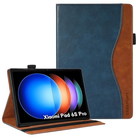 CASAFUNY Coque pour Xiaomi Pad 6S Pro 2024 12,4 Étui Housse de Protection en Cuir PU avec Poche de Document pour Xiaomi Pad 6S Pro 12.4 Pouces Tablet 2024, Bleu