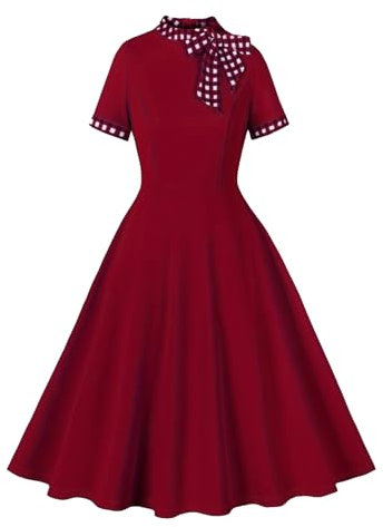 Robe rockabilly des années 1950 pour femme - Manches courtes - Imprimé à carreaux - Robe swing - Ligne A - Élégante robe de cocktail vintage - Robe de soirée, rouge bordeaux, M