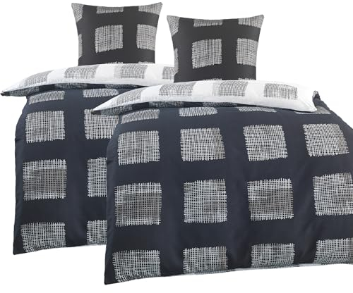 BaSaTex Microfaser Partner Bettwäsche mit Wendemotiv | 2X 135x200 Bettbezug + 2X 80x80 Kissenbezug | Mikrofaser Bettwäsche Set 4 teilig für Paare | Design: Jubi Schwarz Weiss