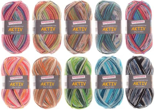 SUPERGARNE Sockenwolle Aktiv 4-fädig – 1000 g (10x100g), Strapazierfähig, Maschinenwaschbar, Made in Italy, Ideal für Socken und Strickprojekt (Country)
