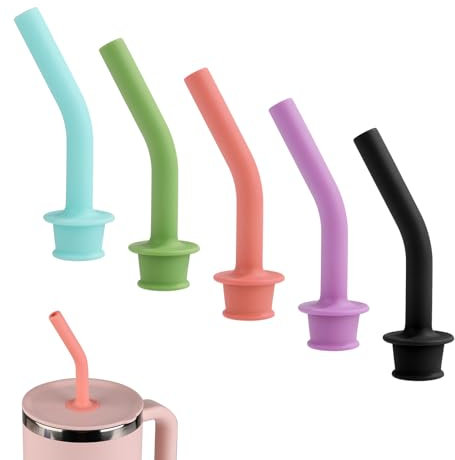 5pcs Press in Straw Tips for Hydro Flask Travel Tumbler, Reusable Rubber Silicone BPA Free Straw Elbow Top Lid Topper Covers Cap Sleeve Accessories for Hydroflask 20/28/32/40oz Straws (5 Colors)