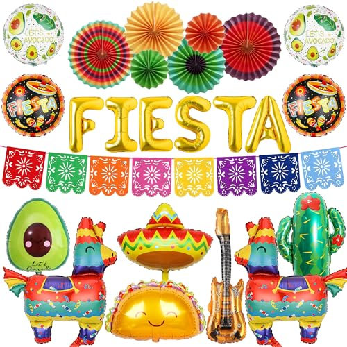 Pecration Mexican Fiesta Party Decorations - Multicolor Cinco De Mayo Theme Decoration Set Includes Banner, Paper Fans, Llama, Guitar Foil Balloons for Birthday Party