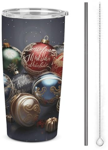Isolierte Reise-Kaffeetasse, Weihnachtskugel-Druck, Reise-Autobecher, Anti-Überlauf-Becher, Edelstahl-Autobecher mit Deckel und Strohhalm