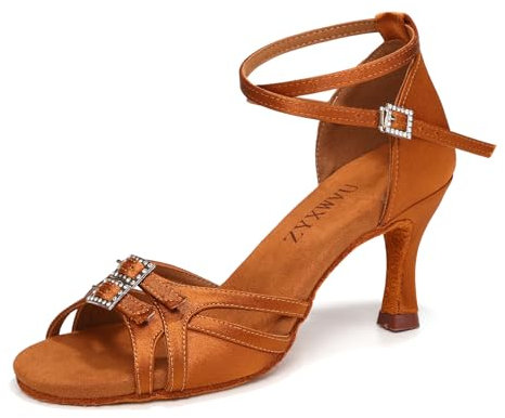ZYXWVU Zapatos de Baile Latino Mujer Puntera Abierta Raso Zapatos de Baile de Salón Salsa Tango Bachata Marrón, 37EU