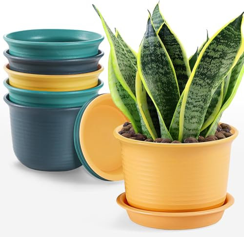 BSTMOME 6PCS Plastic Planter Set, 6 Inch Thickened Flower Pots with Drainage Holes and Trays, Herb Pots Windowsill Planter Pots for Indoor/Outdoor Home and Garden Decor (3 Colors)