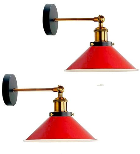 LEDSone Vintage 180 Degree Adjustable E27 Swing Arm Wall Lamp Fixtures Wall Sconces Industrial Metal Indoor Wall Mounted Sconce for Bedroom Galleries Living Room Hallway Kitchen (Red 2 Pack)