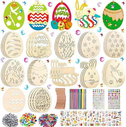 396 Stück Ostern Bastelset Kinder, Holzanhänger Ostern zum Bemalen, Ostern Anhänger Holz, Ostern Basteln Kinder, Ostern Holz Bemalen, mit Aquarellstift, Glocke, Strass, Auge, Pompoms, Seil