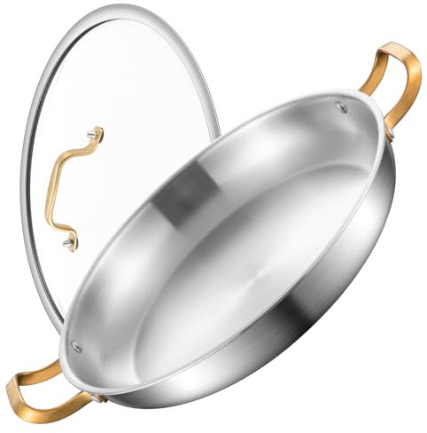 Yeksum Paella-Pfanne aus Edelstahl mit Deckel, 35,6 cm, dreilagig, gleichmäßiges Erhitzen, induktionsbereit und spülmaschinenfest, ideal für Camping, Partys, Familienfeiern